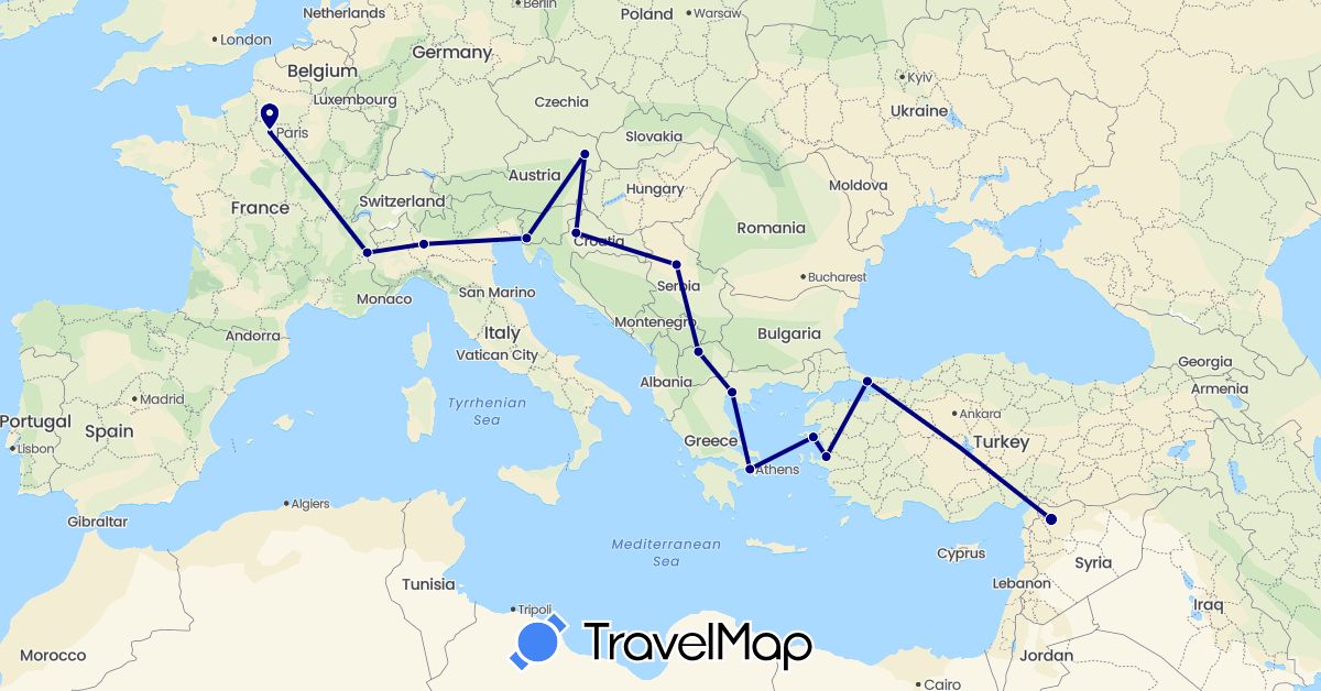 TravelMap itinerary: driving in Austria, France, Greece, Croatia, Italy, Macedonia, Serbia, Syria, Turkey (Asia, Europe)